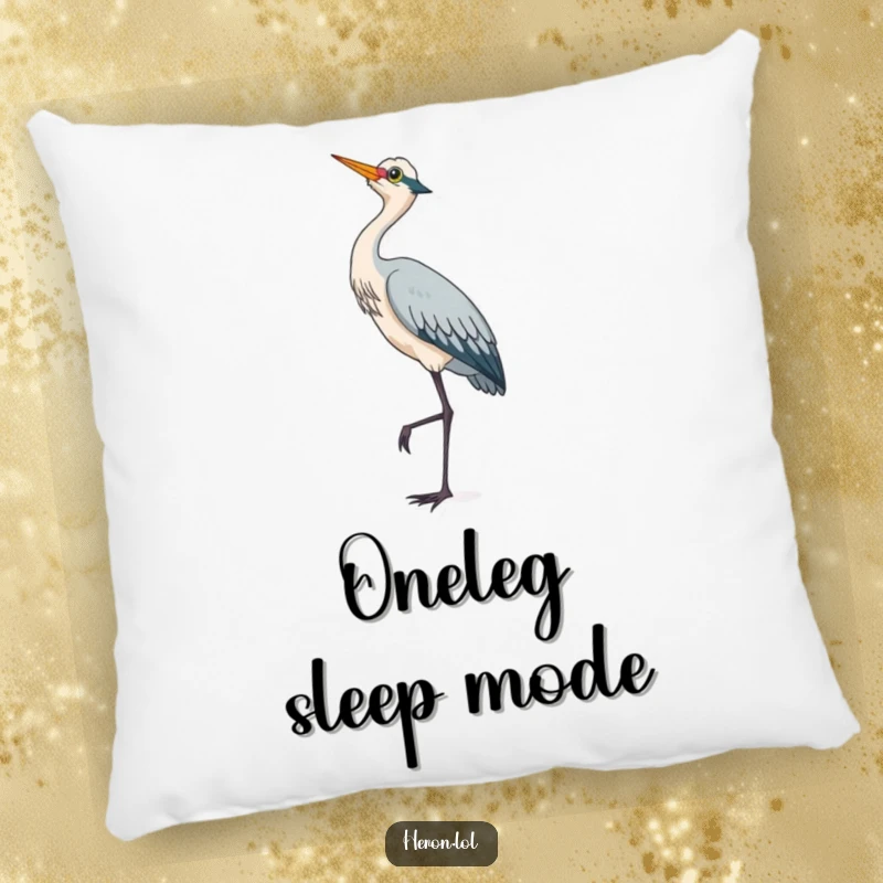 A cute heron standing on one leg, gazing at the sky, depicted on a soft and comfortable pillow.