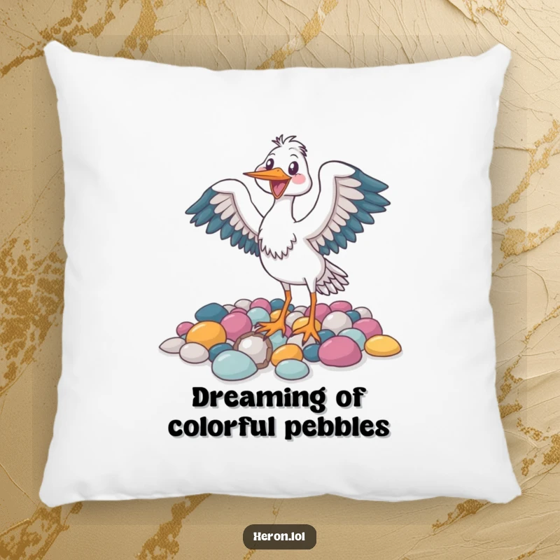 Funny pillow featuring a joyful heron bird flapping its wings near colorful pebbles, providing comfort and a cheerful touch.
