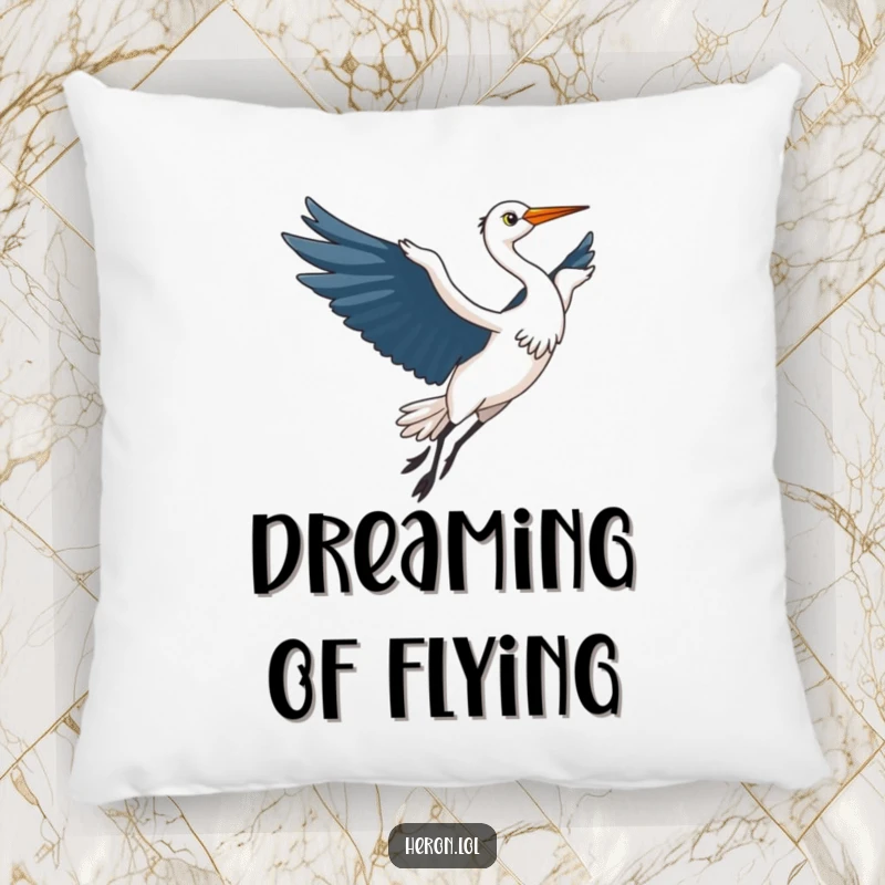 Funny Kawaii Heron Pillow: Cute heron bird in elegant flight, wings spread wide, offering humorous comfort and artistic flair.