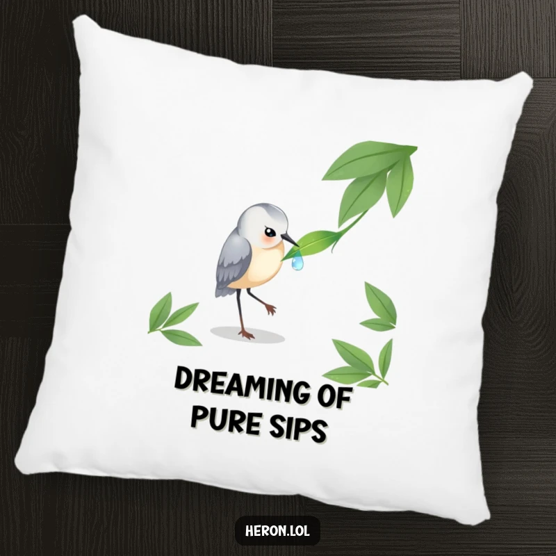 Funny Heron Pillow: A plush cushion showing a heron delicately pecking a dewdrop, perfect for adding natural calm.