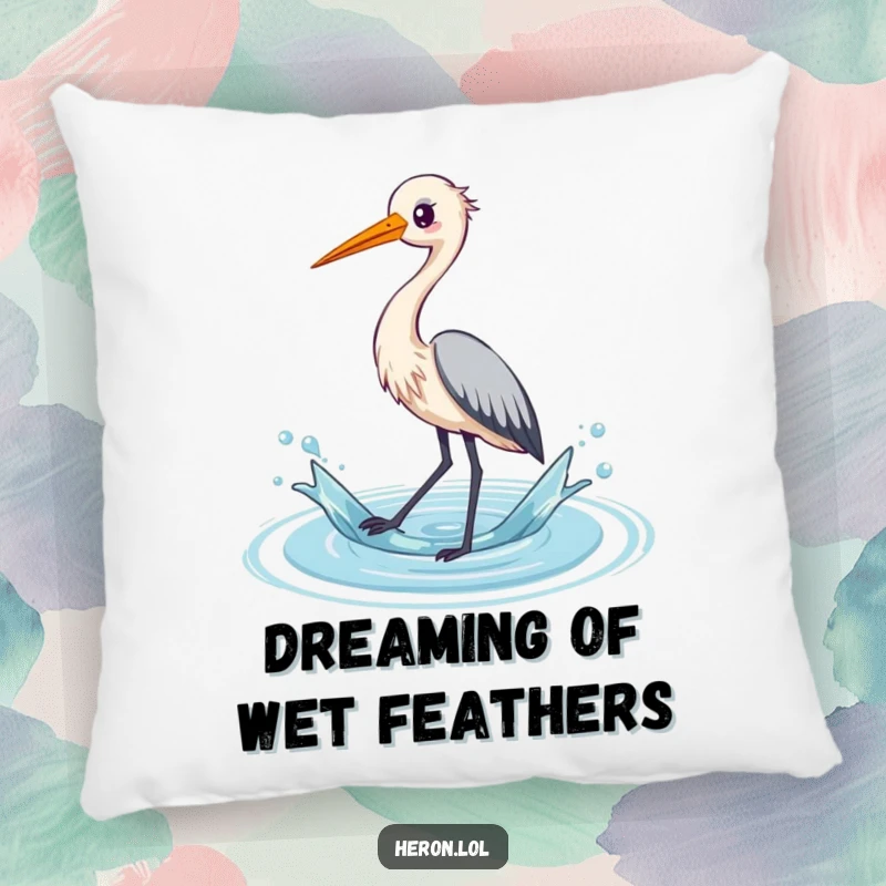 Funny pillow featuring a kawaii heron bird happily splashing water with its long legs, adding comfort and charm to any room.