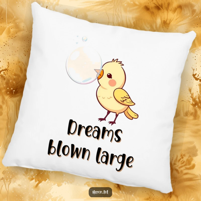 Funny pillow showcasing a cute bird with its beak extended, blowing a large, magical bubble, perfect for adding a touch of whimsy.