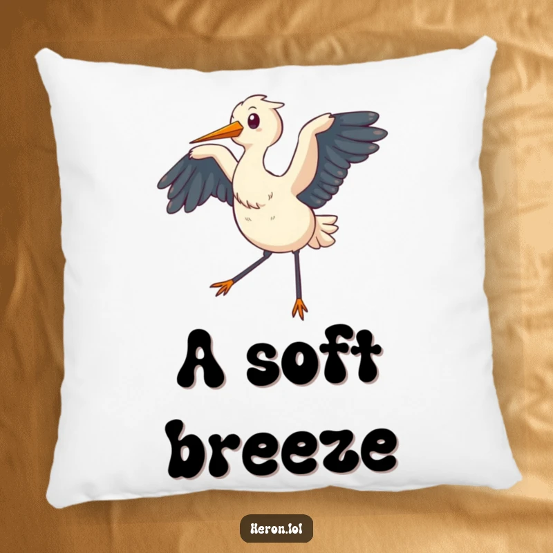 Funny Pillow depicting a chubby heron with wings flapping, generating a soft breeze, bringing a sense of calm comfort.