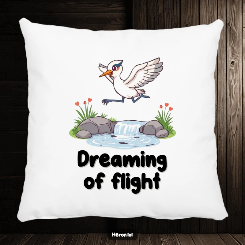 Funny Pillow depicting an energetic heron leaping over a sparkling stream, bringing a sense of lively dynamism to your decor.