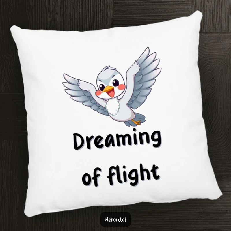 Funny Flying Heron Pillow: A happy heron flaps its flippers vigorously, joyfully attempting to fly.