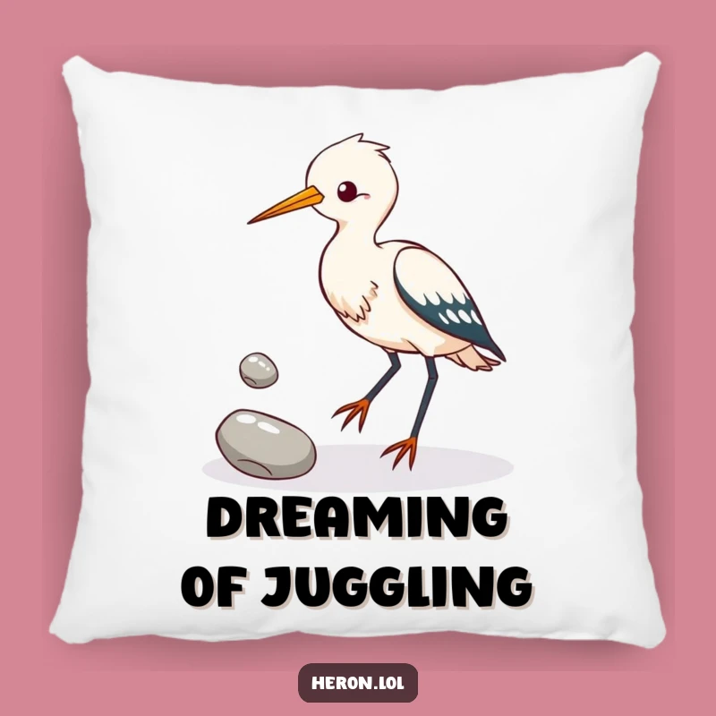 Funny Heron Juggling Pebbles Pillow: Cozy Bird Talent & Humor, Great Funny Gift!