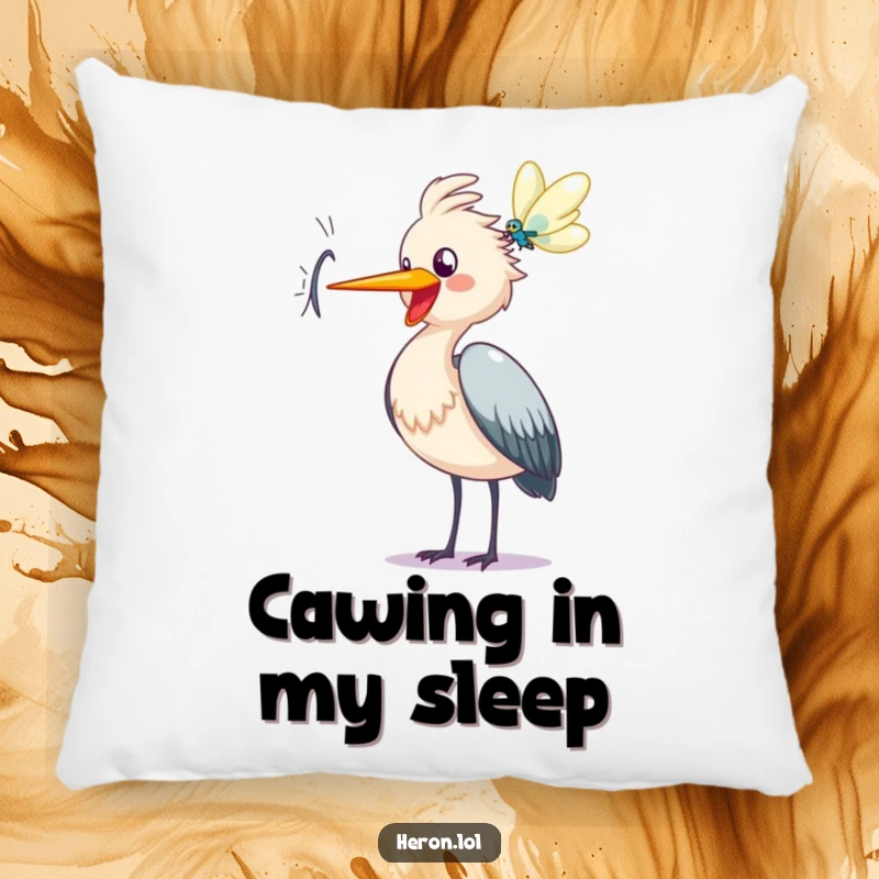 Funny heron pillow, decorative cushion, happy bird cawing at dragonfly, soft plush toy, cute gift.