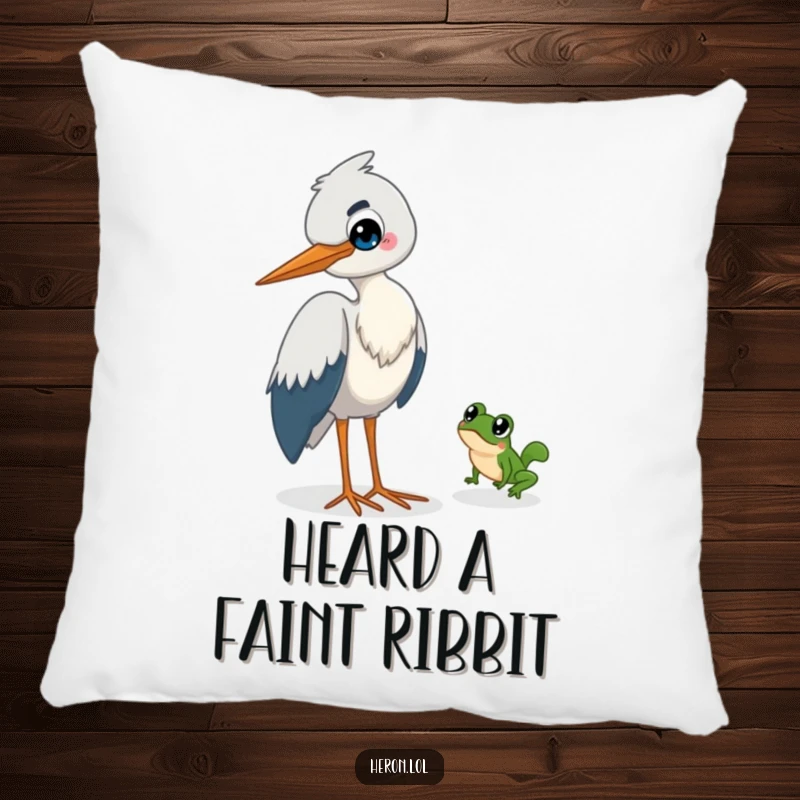 Funny Heron Pillow: A sly heron grins, amused by a tiny frog leaping away to safety.