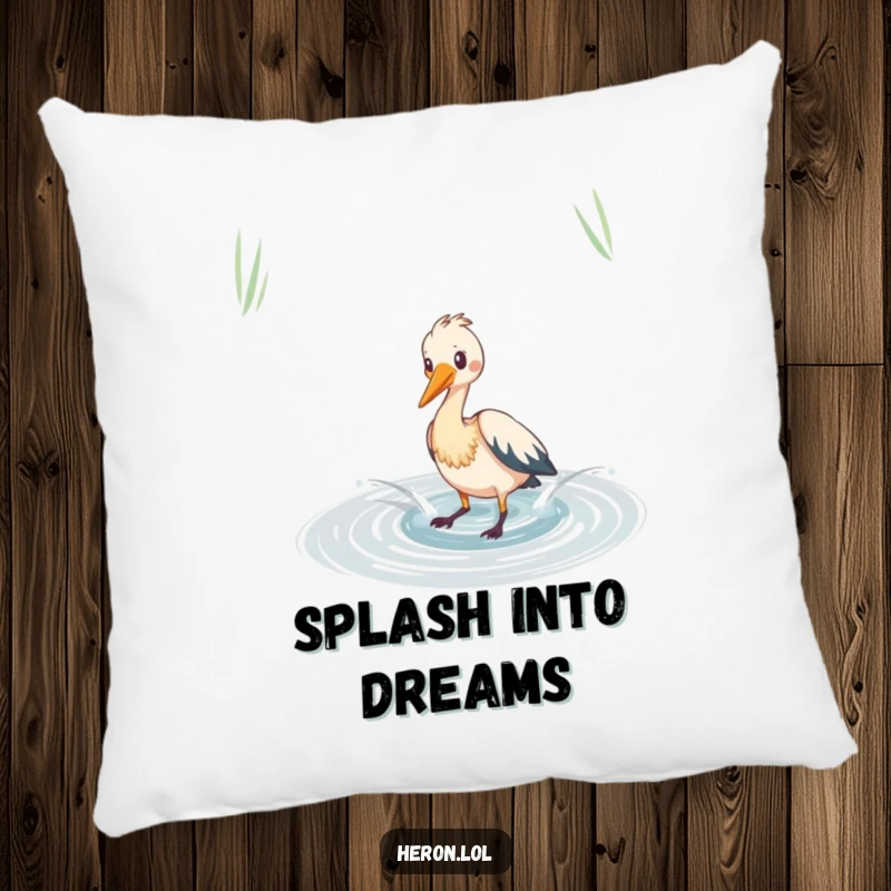 Funny heron pillow depicting playful splashing in a shimmering pond, offering humorous comfort and aquatic charm.