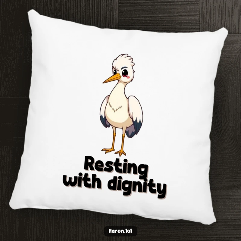 Funny pillow featuring a proud heron bird standing tall, chest puffed out, offering comfort and a symbol of confidence.