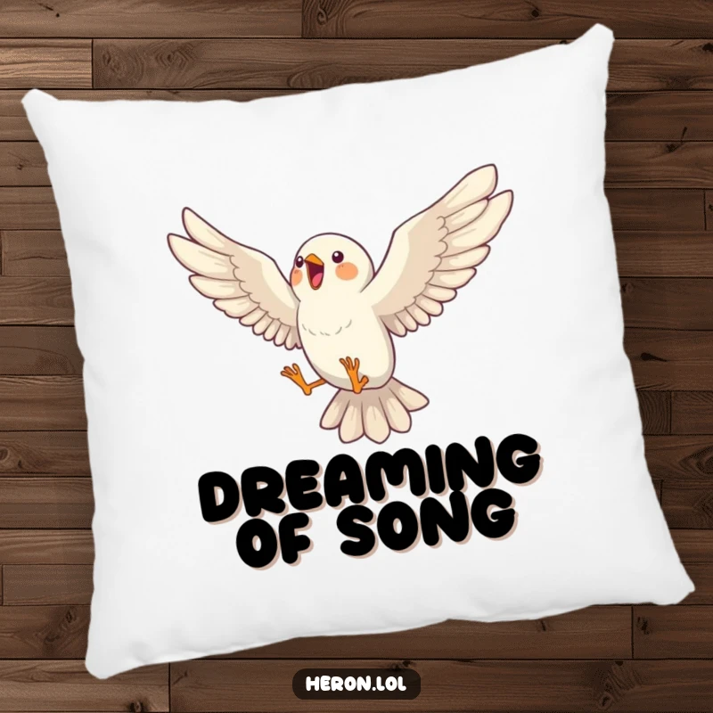 Funny pillow featuring a bird in a joyous mid-air song leap, wings fully extended in a moment of musical ecstasy, ideal for relaxation.