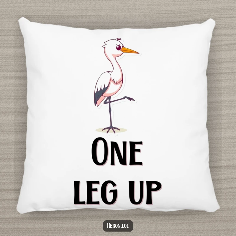 Funny pillow design of a smug heron standing confidently on one leg, exuding a hilarious sense of self-importance, great for cozy spaces.
