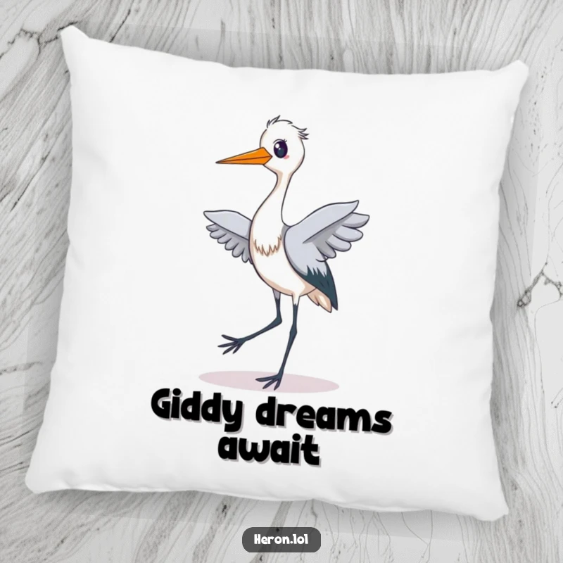 Funny pillow featuring a delighted heron in mid-tiptoe dance, its expression full of pure joy and playful energy, perfect for a fun room.