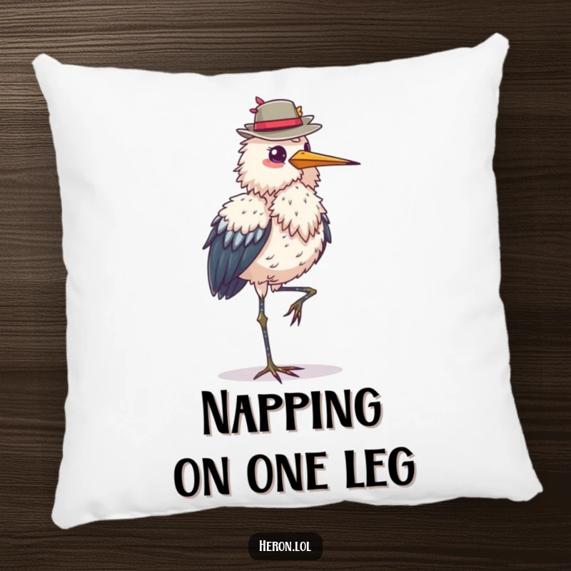 Funny fluffy heron pillow, standing on one leg, balancing a hat, soft decorative cushion, ideal for adding elegance and humor, a cozy gift.