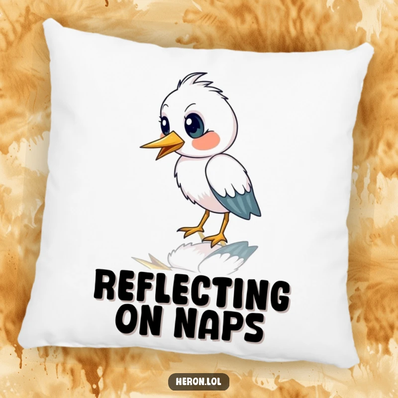 Funny pillow featuring a cute heron bird with an astonished expression staring at its reflection, offering cozy surprise.