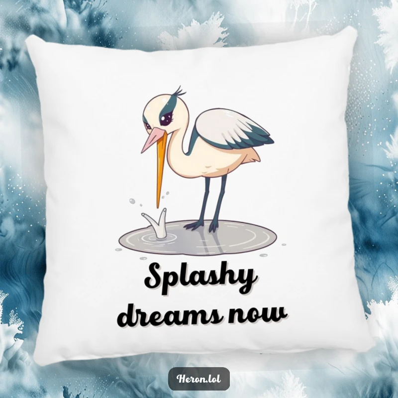 Funny Playful Heron Pillow: Energetic heron bird dipping its beak into a puddle with a splash, bringing humorous comfort.