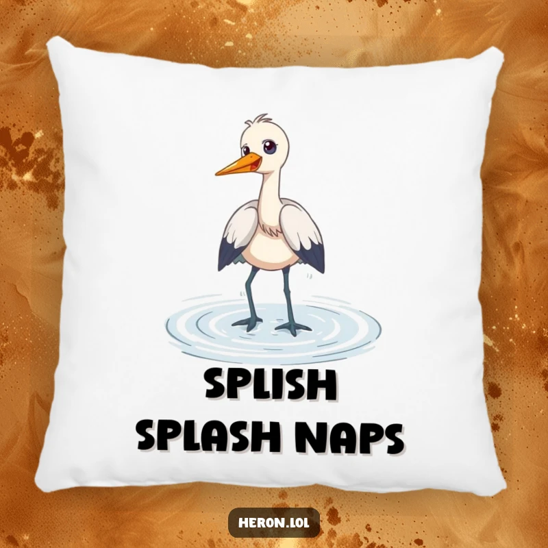 Funny Pillow design depicting a heron wading through shallow water, giggling playfully, offering soft comfort and a dose of pure, humorous happiness.