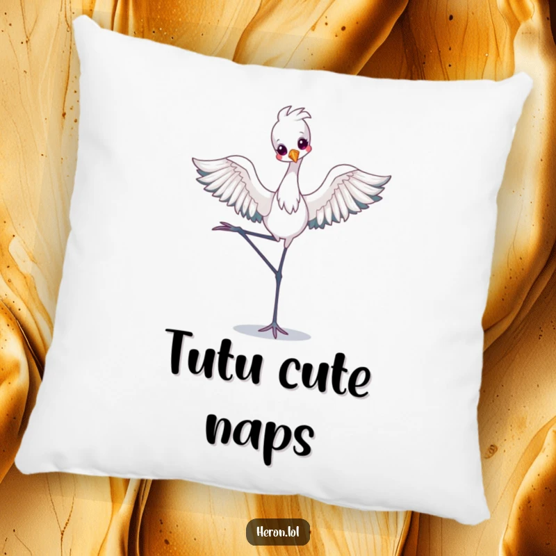 Funny Pillow featuring a kawaii heron balancing elegantly in a ballet pose, offering soft comfort and a sprinkle of adorable humor.