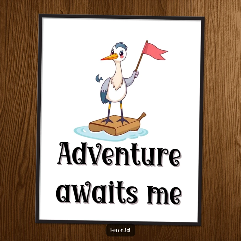 Funny Digital Art Print of a happy heron on a tiny raft, holding a flag, symbolizing cheerful leadership and humorous adventure.