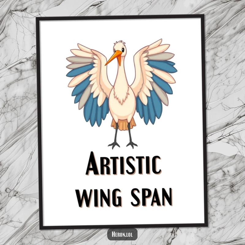 Funny Heron Digital Art: A high-resolution print of a heron bird unfurling its large, colorful wings, perfect for digital display.