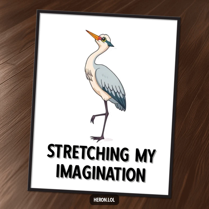 Cute heron bird standing on one leg, looking at the sky, a charming and whimsical digital art print.