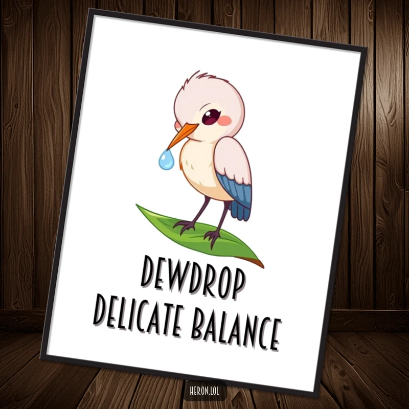 Funny digital art print of a playful heron bird delicately sipping a dewdrop from a leaf, capturing nature's quiet beauty.