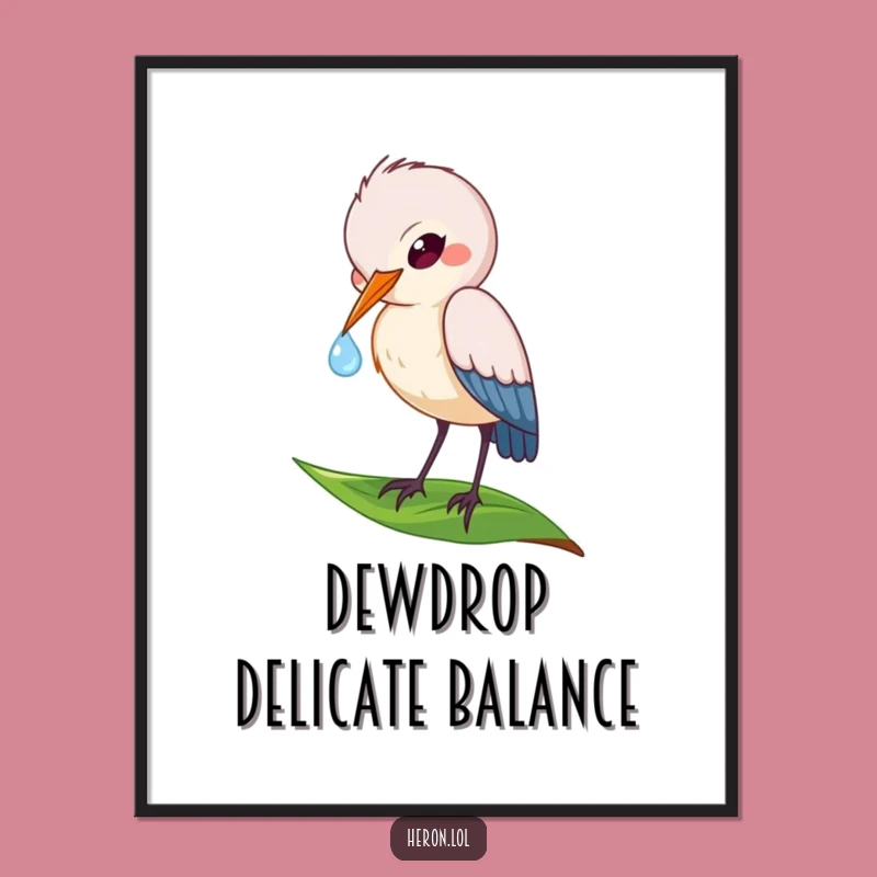 Funny Heron Digital Art: Dewdrop Sip - Instant Nature Calm & Funny Gift
