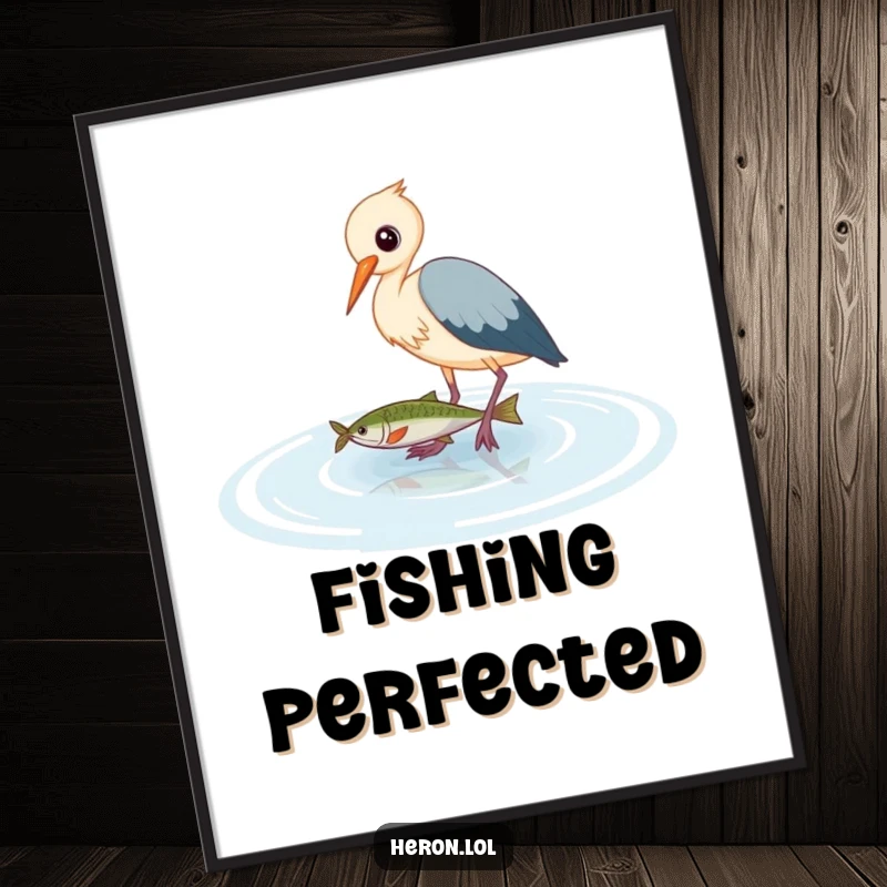 Funny Heron Digital Art: Cute bird wading in shallow water, skillfully fishing for a catch, a humorous and captivating illustration.