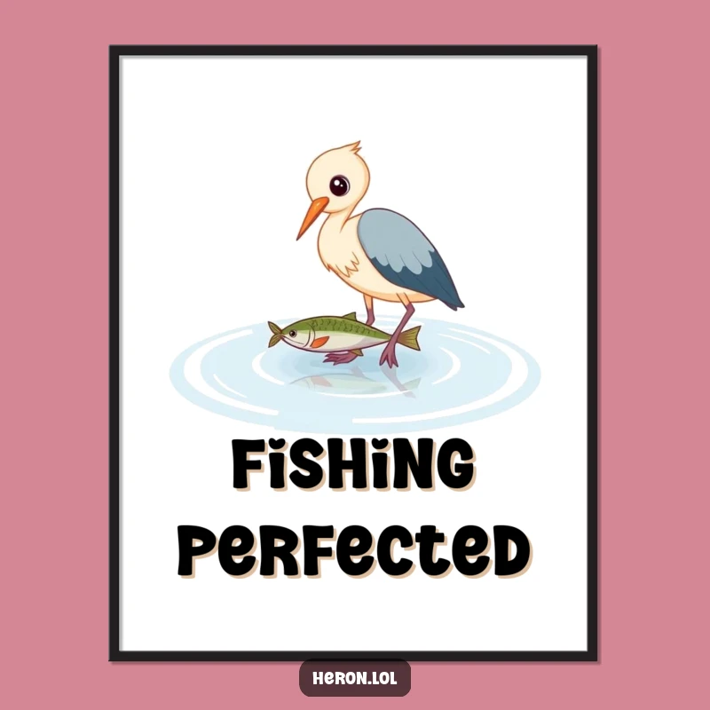 Funny Heron Digital Art: Cute Bird Wades for Fish, Humorous Instant Download