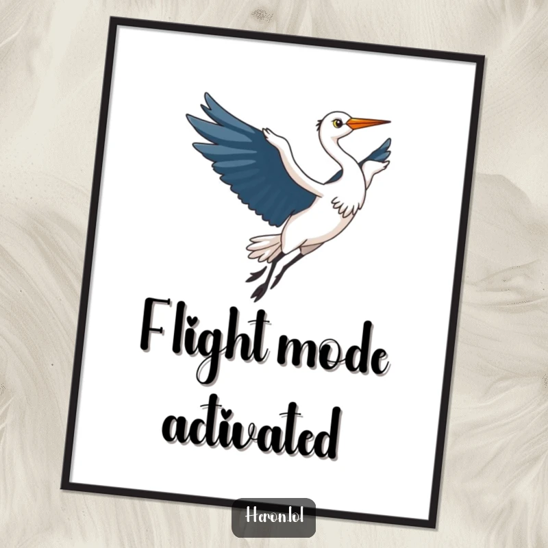 Funny Kawaii Heron Digital Art: Cute heron bird in elegant flight, wings outstretched, a humorous and inspiring digital illustration.