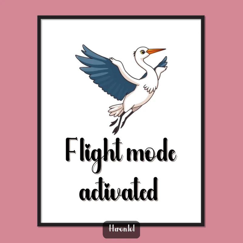 Funny Kawaii Heron Digital Art: Elegant Bird Flight, Humorous Instant Download