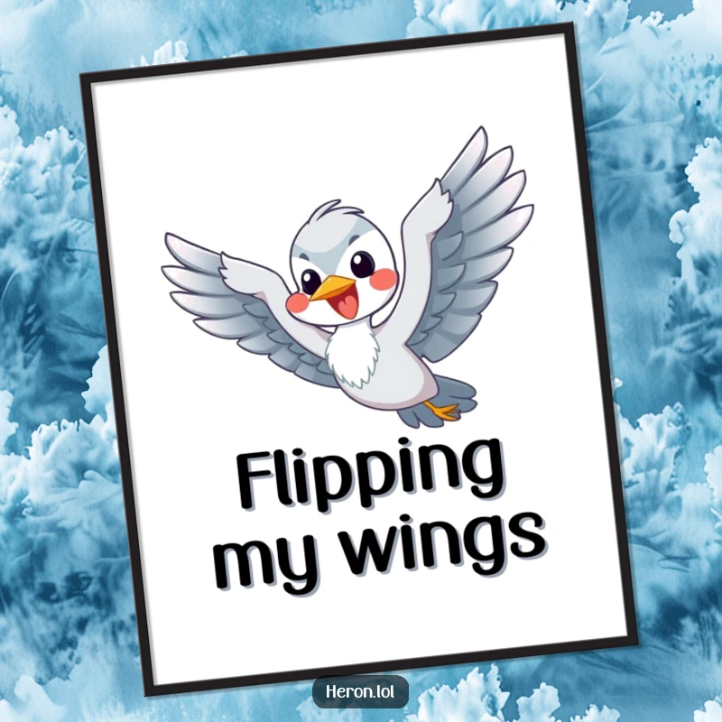 Funny Flying Heron Digital Art: A happy heron flaps its flippers energetically, comically simulating flight.