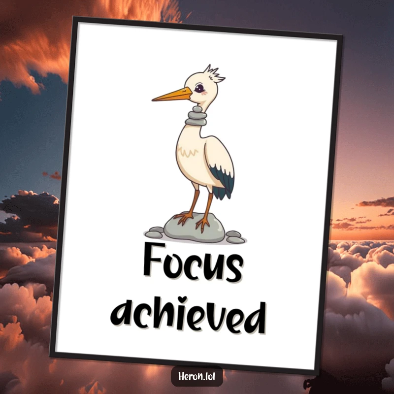 Funny Digital Art Print of a heron artistically balancing a tall stack of pebbles on its beak, embodying humor and perfect equilibrium.