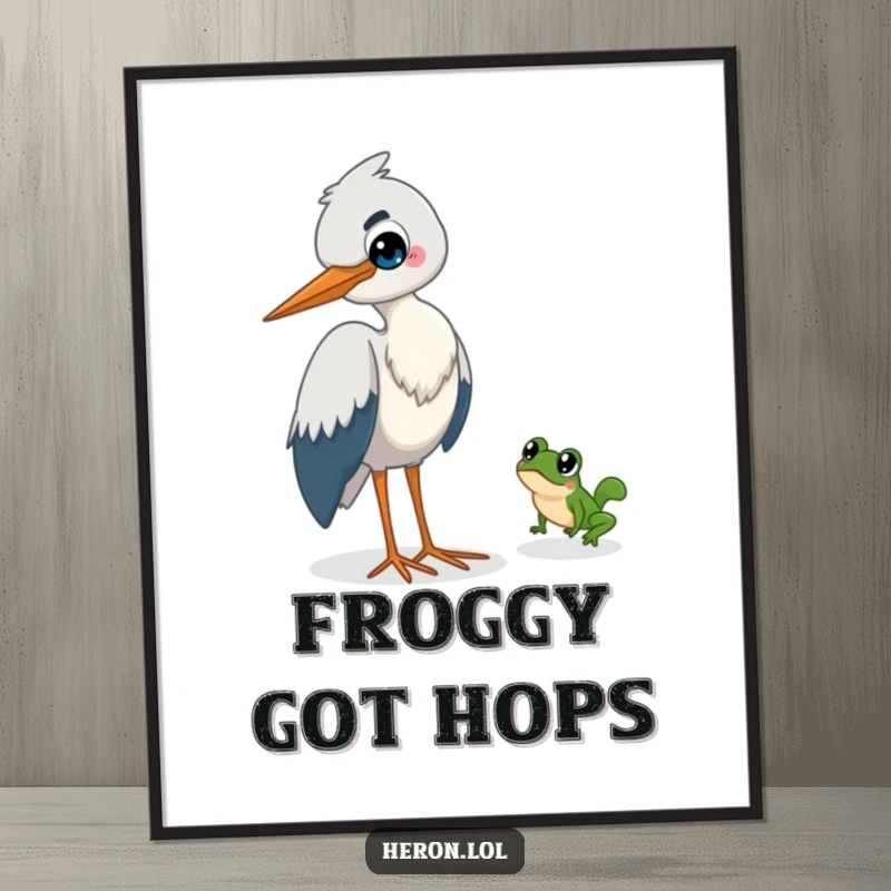 Funny Heron Digital Art: A mischievous heron grins, keenly watching a tiny frog leap away swiftly.