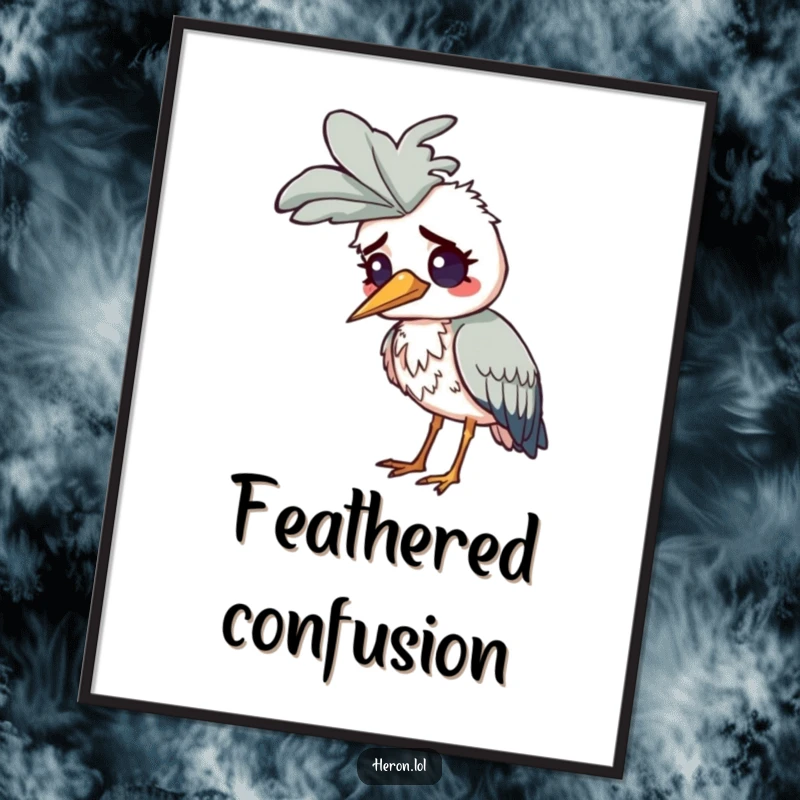 Funny Confused Heron Digital Art: A heron looks confused with a comically large feather stuck on its head.
