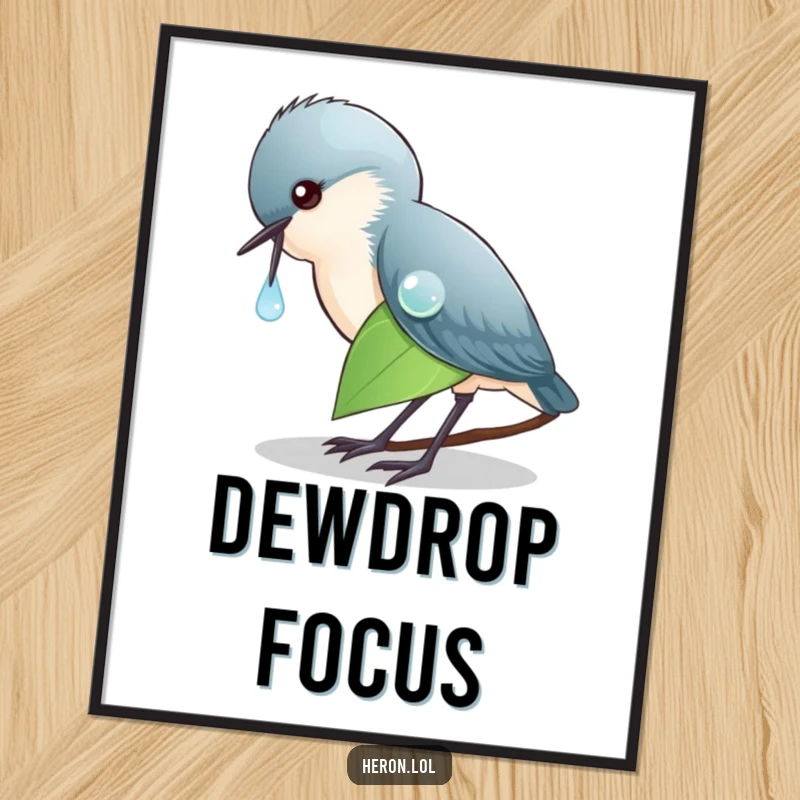 Funny Digital Art Print of a heron intently pecking a dewdrop on a leaf, offering immediate decorative humor.