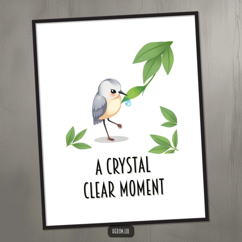 Funny Heron Digital Art: A high-quality image of a heron delicately pecking a dewdrop, perfect for serene and humorous wall decor.