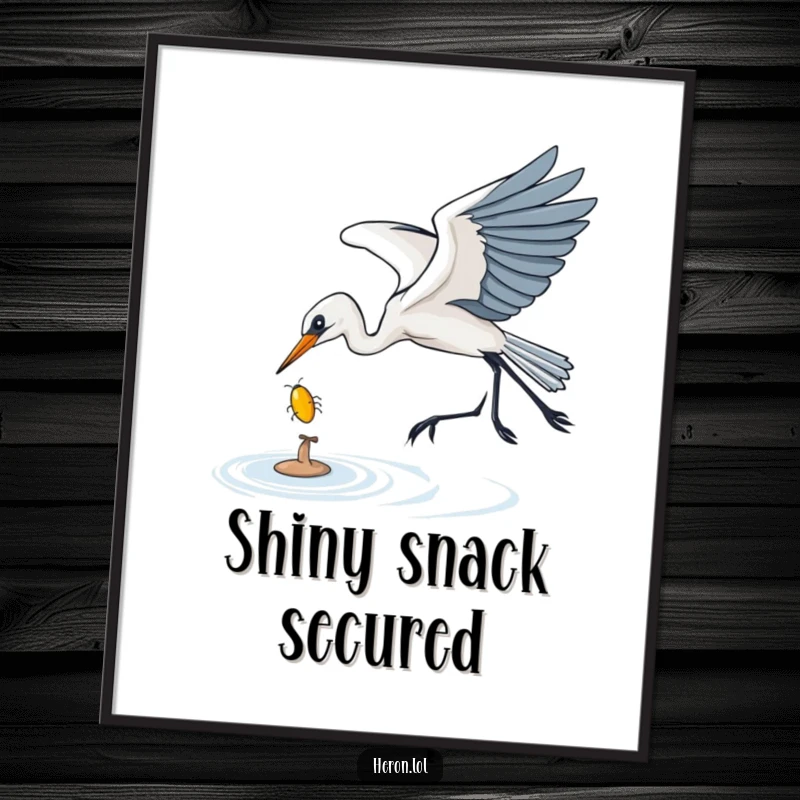 Funny Digital Art Print of a heron gracefully swooping to catch a shiny bug, showcasing dynamic action and humorous wildlife artistry.