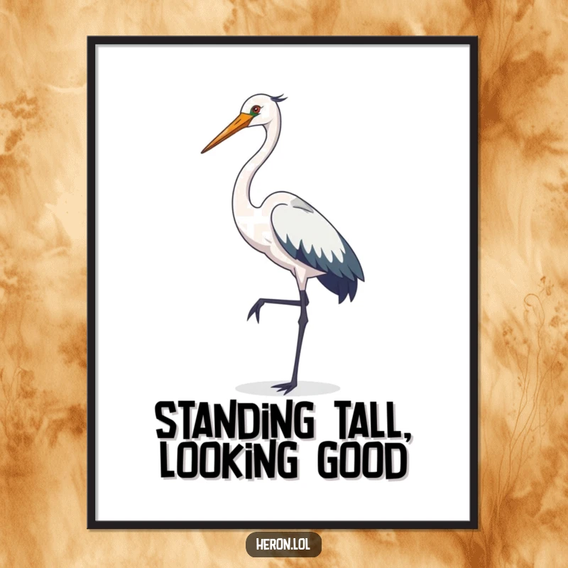 Funny heron digital art, elegant bird posing on one leg, printable wall decor, sophisticated cartoon download, instant gift.