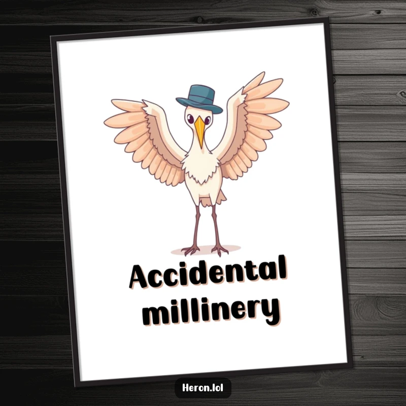 Funny digital art print of a heron with wings spread wide, awkwardly balancing a tiny hat, a humorous and artistic depiction.