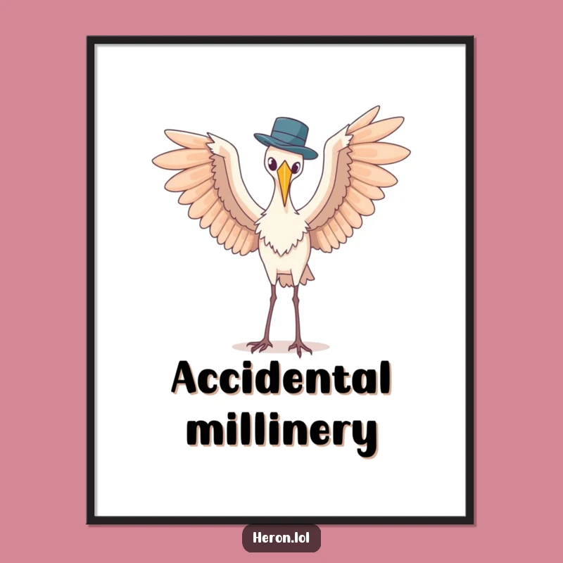 Funny Heron Digital Art: Hat Balance - Whimsical Bird Print Gift