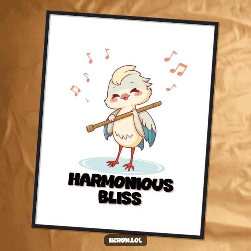 Funny joyous heron playing a flute made of a reed, with musical notes floating, musical bird digital art print.