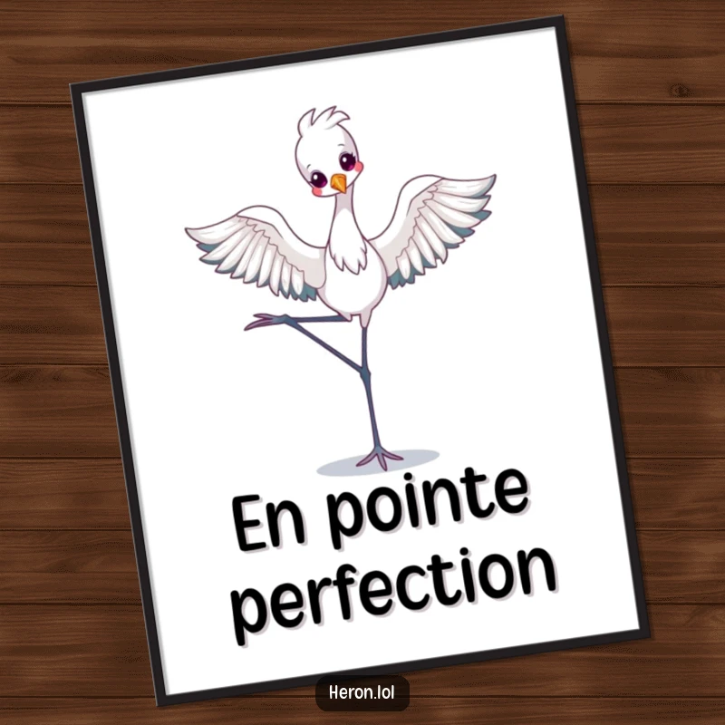 Funny Digital Art Print of a kawaii heron in a ballet pose, showcasing sweet artistry and humorous charm for digital display.