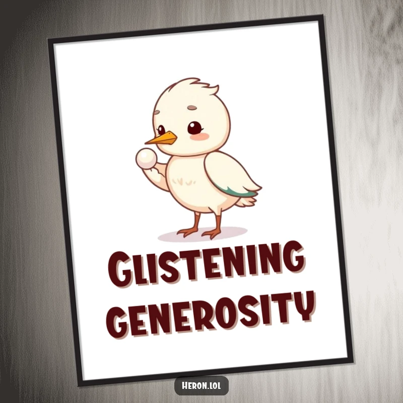 Funny shy heron digital art print of a bird offering a pearl with its wing, a humorous and serene wall art.