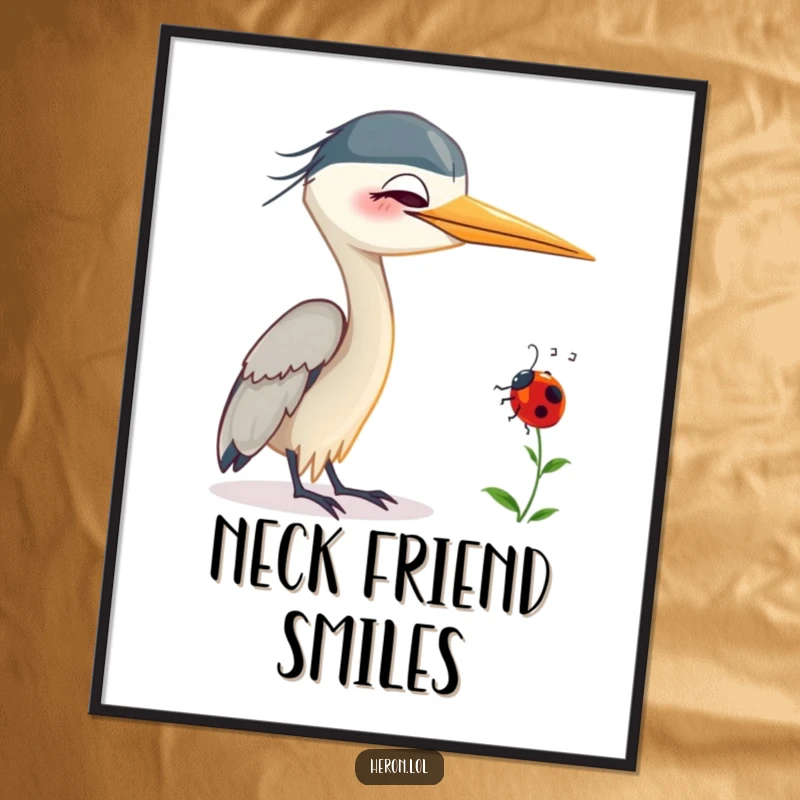 Funny Smiling Heron Digital Art: Smiling heron bird with a ladybug on its neck, a humorous and heartwarming illustration.