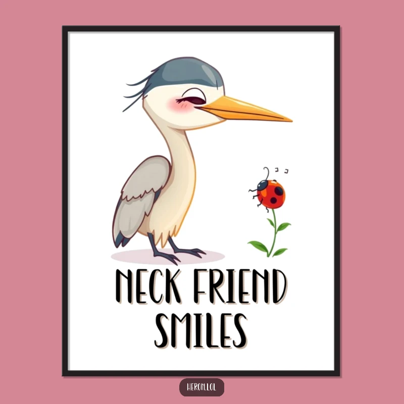 Funny Smiling Heron Digital Art: Ladybug Friend, Humorous Instant Download
