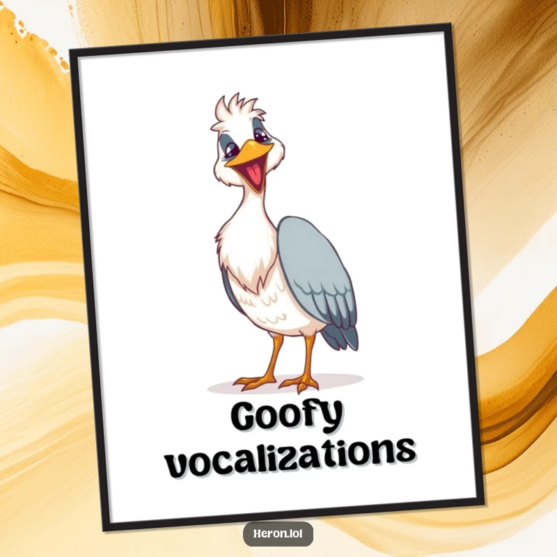 Funny goofy heron digital art print of a bird singing a loud song, a humorous and expressive wall art.