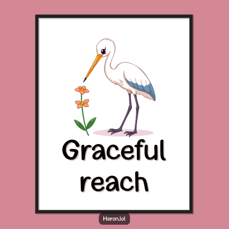 Funny Kawaii Heron Digital Art: Elegant Bird Reaching Flower, Instant Humorous Decor