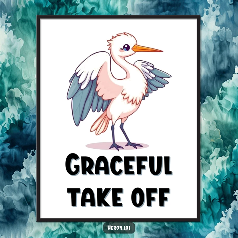 Funny Kawaii Heron Digital Art Print: Bird captured in elegant wing unfurling motion, adding humorous grace to wall decor.
