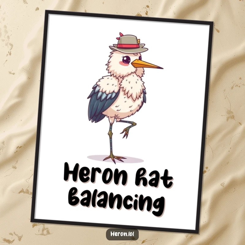 Funny fluffy heron digital art print, standing on one leg, balancing a hat, elegant and humorous artwork, perfect for home decor, a unique gift.